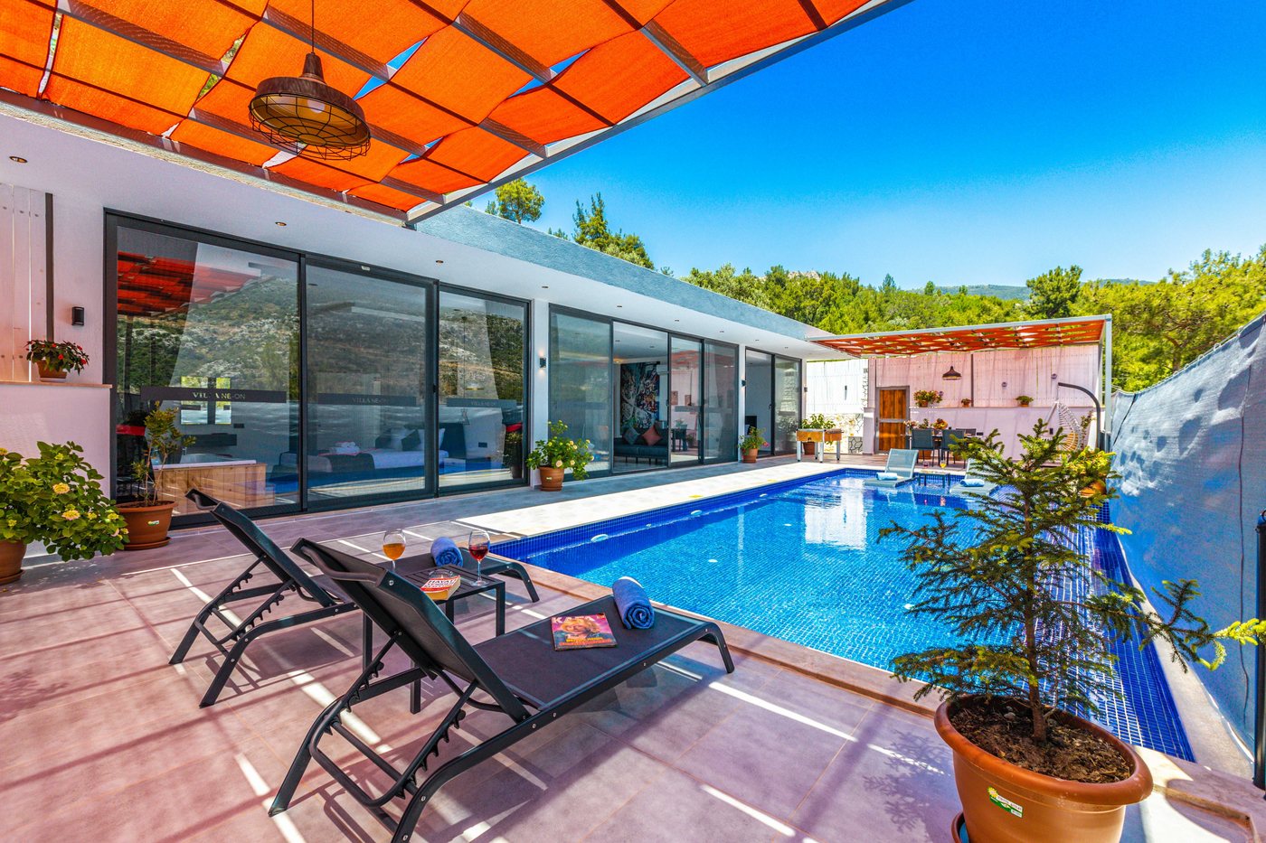 Luxury villa pool terrace on a sunny Kentucky day